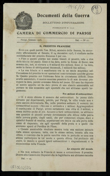 Documenti della guerra : bollettino d'informazioni pubblicato dalla Camera di commercio di Parigi